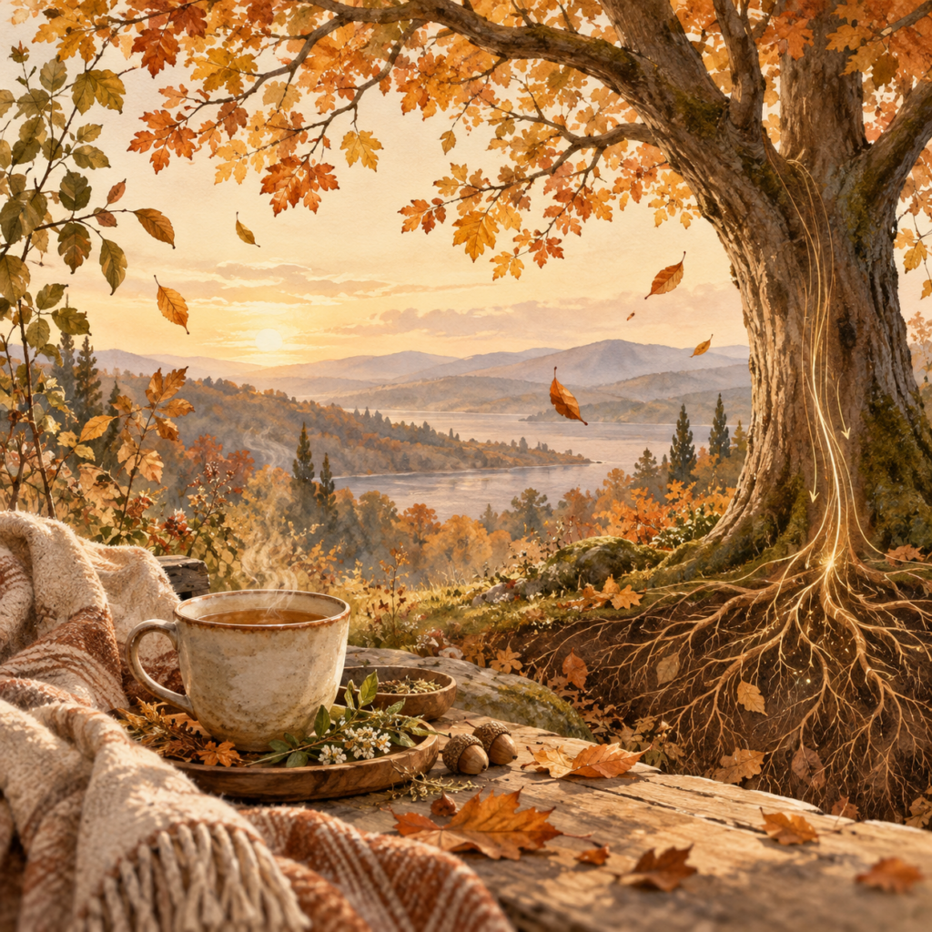 Illustration automnale d'un arbre aux racines apparentes, évoquant le ralentissement et le retour vers l'intérieur.
